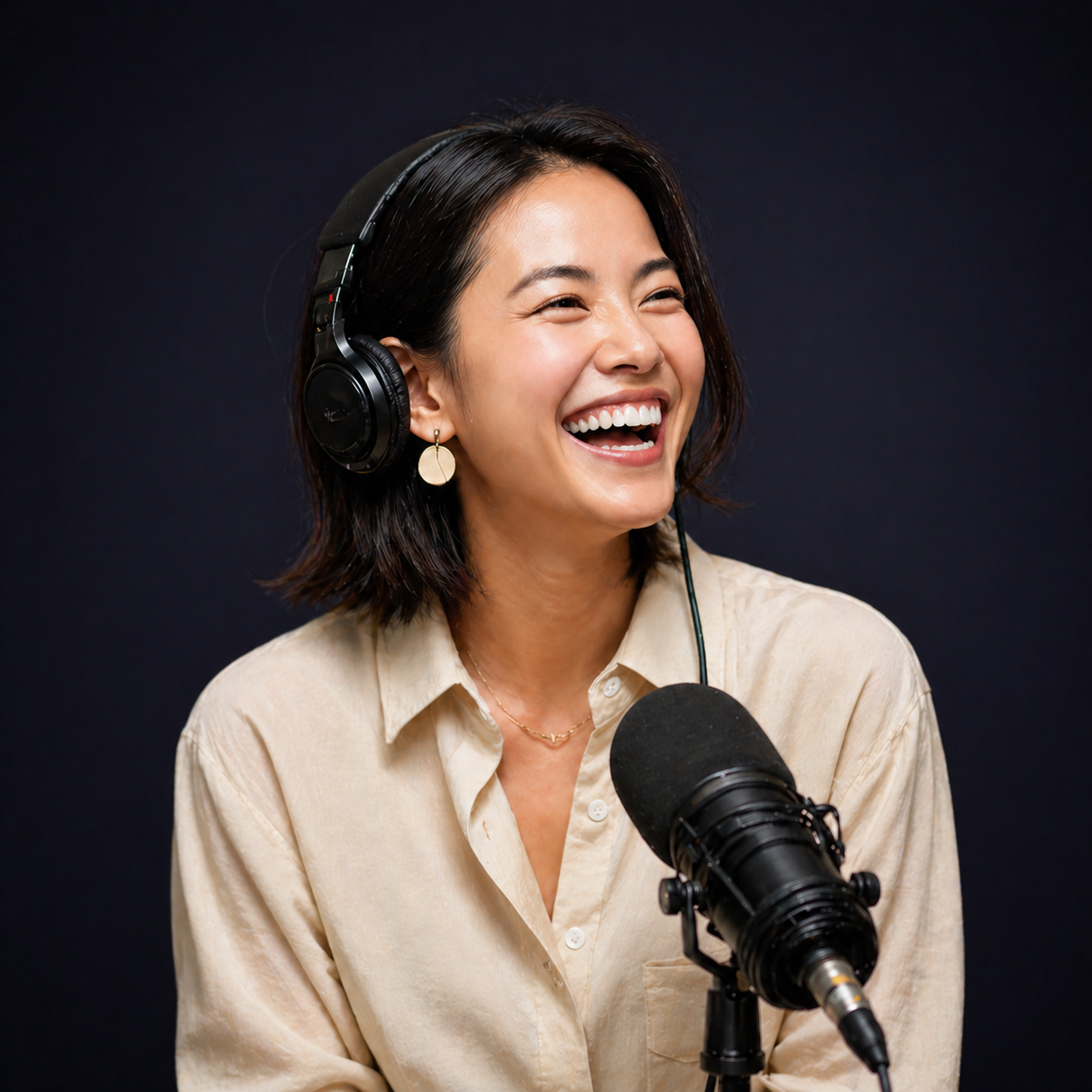 Podcast host laughing while recording